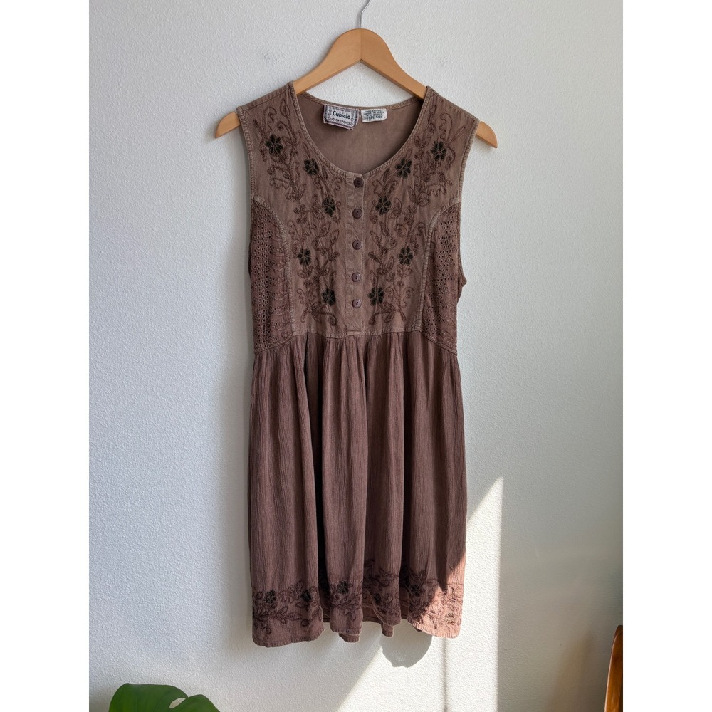 Cubicle Vintage Brown Embroidered Boho Rayon Dress Sleeveless Back Tie OS